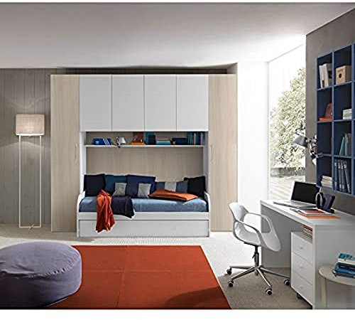 Dmora - Chambre complète avec armoire à 6 portes et canapé-lit avec deuxième lit gigogne, étagère assortie, lattes incluses, Made in Italy, 293x90x247 cm, couleur Blanc et Orme