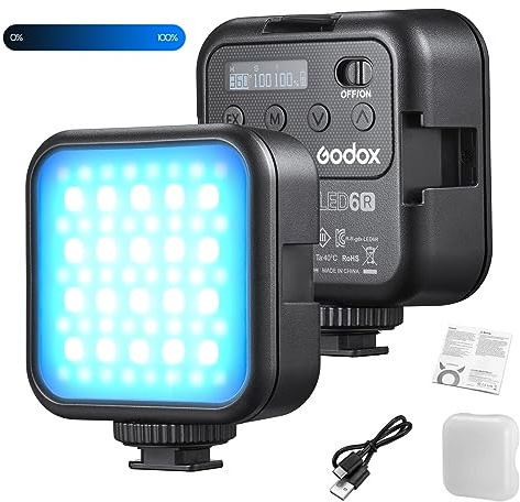 GODOX LITEMONS LED6R RGB Lámpara de vídeo LED, mini luz de llenado recargable, 3200K-6500K, regulable, 13 efectos de iluminación, soporte de adsorción magnética con 3 soportes para zapatos fríos