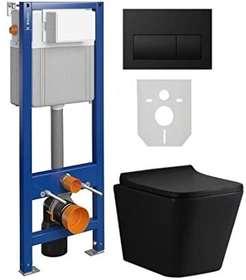 ECOLAM® Set WC Wand Vorwandelement Toilette Lago schwarz matt black Clean on spüllrandlos hängend Tiefspül + WC-Sitz Soft Close + Betätigungsplatte