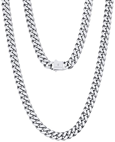 KRKC&CO 8mm Panzerkette, Weißgold plattiert Cuban Link Chain, Edelstahl Panzerkette Herren Silber Kubanische Gliederkette, Herren Silberketten Hip Hop Kette für Männer Jungen Größe 46cm