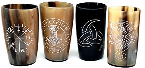 Lot de 4 gobelets Viking en corne à boire faits à la main pour vin, bière – Tasse sûre et unique – Tasse à bière nordique avec capacité de 236,8 à 293,5 g – Meilleur choix de fête à thème en corne de