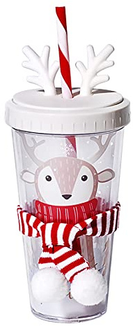 Vaso Agua con Pajita y Tapa, 420ml Taza Agua Lindo Doble Pared con Bufanda Bola Nieve, Botellas Agua Navideñas Prueba Fugas para Niños, Adulto, Escuela, Oficina, Ciclismo, Deportes, Viajes (Alces)