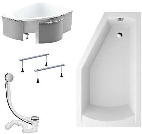 KOLMAN Badewanne SELENA Eckbadewanne 150x90 Rechts mit Styroporverkleidung, Ablaufgarnitur und Füßen Komplettset 4in1 Premium Original Acryl Wanne Siphon