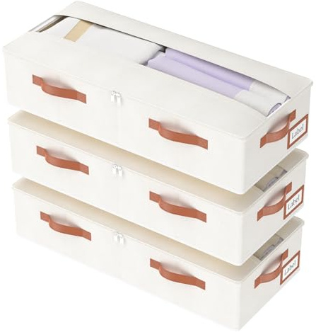 Yawinhe 27L Unterbettkommode,3 Stück Faltbare Aufbewahrungstasche,Beige | Unterbett Aufbewahrungsbox mit Klarem Deckel und Haltegriffen, Kleideraufbewahrung mit Classification Card Slot