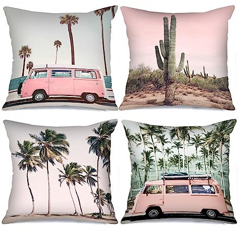 Tucocoo – Lot de 4 housses de coussin carrées décoratives imprimées paysage de cactus, rose, pour canapé, lit, voiture, 45 x 45 cm