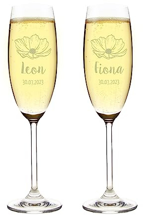 Herz & Heim® Sektglas (Bohemia) / mit personalisierter Gravur/verschiedene Motive zu zahlreichen Anlässen 2er Set Blüte