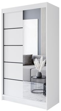 Easy4You P3 120 cm Weiß Schiebetüren Kleiderschrank 120x200x58 cm mit Spiegel - Schlafzimmermöbel, Aufbewahrung - Mehrzweckschrank
