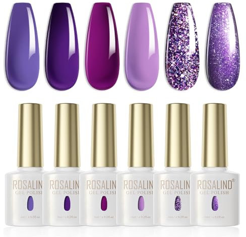 ROSALIND UV Nagellack Lila, 6 Farben Lila Wisteria Rose Dunkellila Glitzer Purpurrot Soak-Off UV LED Gellack für Frauen Home DIY Nail Art Maniküre Salon