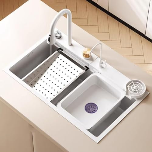 Cuisines Évier Cascade De Cuisine en Acier Inoxydable Blanc Simple Évier 68/75/80cm avec Robinet Multifonction Vasque À Poser pour Appartement Entrez dans l'eau À Gauche Bain (Color : Blanc, S : 68*