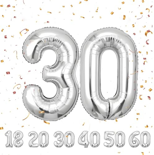 Zahlen luftballon 30 jahre | Silber Folienballon-4030 Geburtstagsdeko -30 Ballon Zahl Deko zum Geburtstag fliegt mit Helium 30.Geburtstag für Männer Frauen 30.Geburtstagsparty Jubiläum