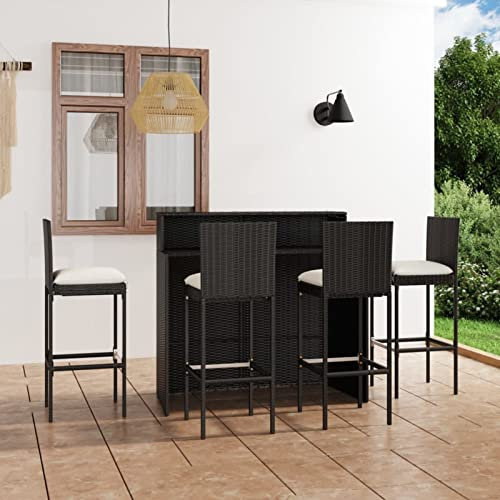 Gecheer 5-TLG.Gartenbar-Set Garten Bar Set Sitzgruppe Rattan Bar Tresen Theke Tisch Barset Garten Tisch Outdoor Gartenmöbel Set mit Kissen Schwarz-1741