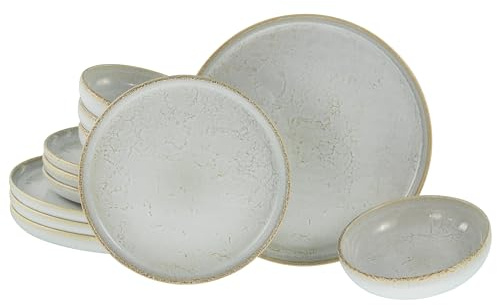 CreaTable, 23715, Serie Uno Vintage Offwhite, 12-teiliges Geschirrset für 4 Personen, Teller Set aus Steinzeug, spülmaschinen- und mikrowellengeeignet, Made in Portugal