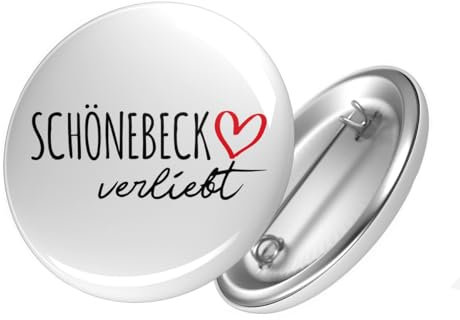 Huuraa Button Schönebeck verliebt Ansteck Pin Größe 59mm mit Namen deiner Lieblingsstadt in Sachsen-Anhalt Geschenk Idee für Freunde und Familie