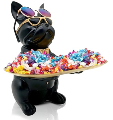 Huhote Bulldogge Skulptur Deko, Französische Bulldogge Tablett Deko Statue, Schlüssel Schale für Wohnzimmer, Tischdekoration, Schreibtischdekoration, Wohnkultur, Geschenke (Schwarz)