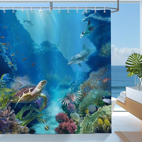 Bonhause Cortina de Ducha Mundo Bajo el Agua Océano Azul Tortuga Marina Coral Cortina de Baño de Poliéster Impermeable Antimoho Lavable Cortina Ducha 180 x 180 cm con 12 Ganchos