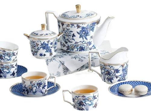 sjdoPulse Teekannen-Set Aus Keramik, Nachmittagstee-Set 11-Teilig, Weiß Und Blau, Retro-Vintage-Teeservice Aus Britischem Porzellan, Hochzeitsteeservice Für Erwachsene, Keramik-Kaf
