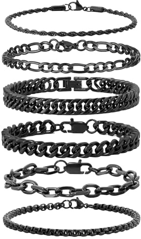 XIANNVXI 6pcs Black Bracelet for Men Stainless Steel Bracelets Cuban Black Chain Link Bracelet Mens Jewelry Gift Rope Paperclip Chain Bracelets Set 7.5 Inches