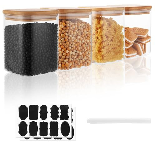 VIDETOL 4 Stück Vorratsgläser mit Deckel, 900 ml Glasbehälter Eckig, Vorratsdosen Glas mit Holzdeckel für Nudeln, Müsli, Gewürze, Kräuter, Bohnen