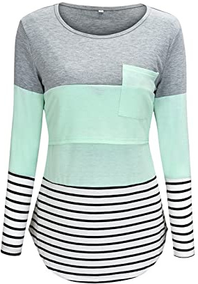 Damen Stillshirt Langarm O-Neck Umstandsshirt Umstandsmode Tshirt Still Nursing tops Umstands Still Oberteile Schwangerschaftsshirt für das Stillen Mutterschaft Tops Schwangerschafts (Grey, M)