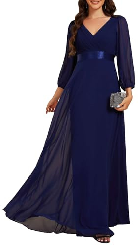 Ever-Pretty Abito da Cerimonia Eleganti Donna Vestito da Sera a Maniche Lunghe Chiffon Maniche Lunghe Scollo a V Blu Navy 44