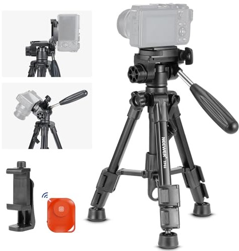 NEEWER Basic Mini Desk Tripod for Camera with 3 Way Pan Tilt Head, Handle & Remote, Metal Portable Table Top Video Tripod with 1/4 Plate for DSLR Camera Camcorder, Max Load 13lb, TP02