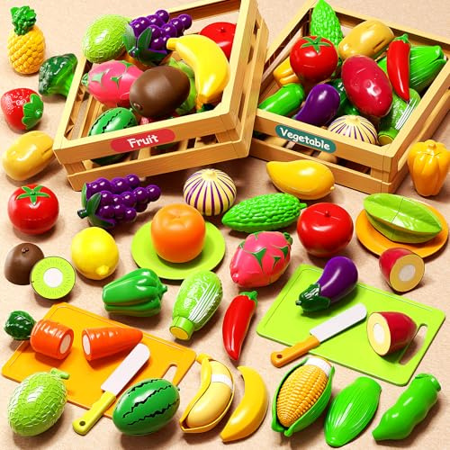 AIQI Accessoire Cuisine Enfant, Fruits et Légumes Jouet à Couper de Jouet imitant avec Panier de Rangement, Jouet Éducatif Éveil Montessori, Cadeau d'anniversaire de Noël pour Fille Garçon 3+ Ans