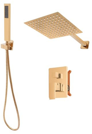 Système de douche encastré en acier inoxydable et laiton, 20 x 20 cm, avec douchette, débit d'eau réglable, pommeau de douche rotatif à 360 °, pommeau de douche à levier unique