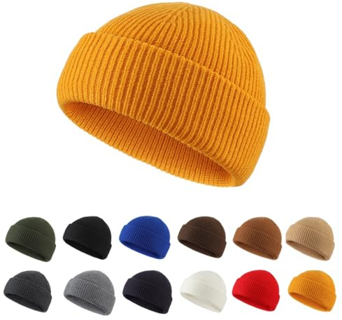 Magracy Fisherman Beanie for Men Short Beanie Hat Winter Knit Cuffed Hat Skull Cap Trawler Beanie Yellow