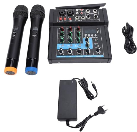USB-Mischpult, Professionelles Mischpult, Soundboard, Schreibtisch-Mischpult mit 2 Mikrofonen für Karaoke-Party-Live-Aufnahmen, 100–240 V (EU-Stecker)