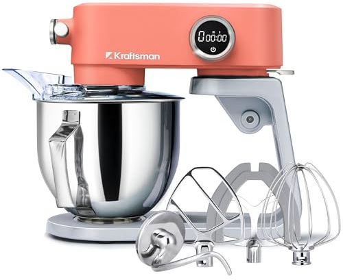 Kraftsman Robot de cocina, amasadora para masa de pan, carcasa de metal, 8 niveles con temporizador, cuenco de 5 L, 4 cabezales de acero inoxidable (Naranja)