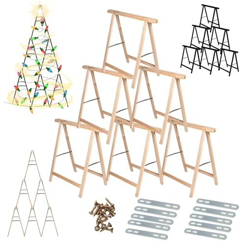 MODO24 Sägebock Holzbock, Klappbock Arbeitsbock, 6er-Set inklusive Montageteile, DIY Weihnachtsbaum, Tannenbaum SET, Tapezierbock Montagebock Unterstellbock, Baum Abmessungen 215x130x73 cm, Naturholz