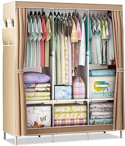 FDQAMLKX Tragbarer Kleiderschrank aus Segeltuch mit Kleiderstangen und Seitentaschen. Stoffgarderobe zur Aufbewahrung und Einrichtung im Schlafzimmer.