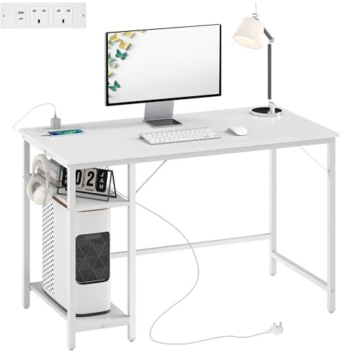 HOMCOM High Gloss Computer Desk Power Outlets Home Office 120x60 cm White | Reversible Storage Shelves, Headphone Hook, Study Table, Workstation, for Bedroom