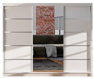 ELUKS - DERVINO Sliding Doors Wardrobe with Mirror Furniture for Bedroom Living Room and Hall Wardrobe Organizer Width 100cm/120cm/150cm/180cm/200cm/WHITE/BLACK/OAK (White, 200cm)
