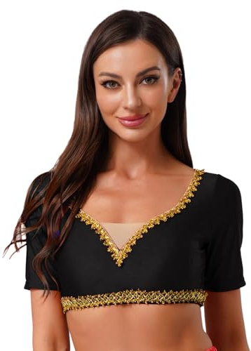 Rswnyirn Damen Bauchtanz Kostüm Oberteil Kurzarm Crop Top Bauchfrei Bluse Tanz Top Elegant Tanzkleidung für Belly Dance