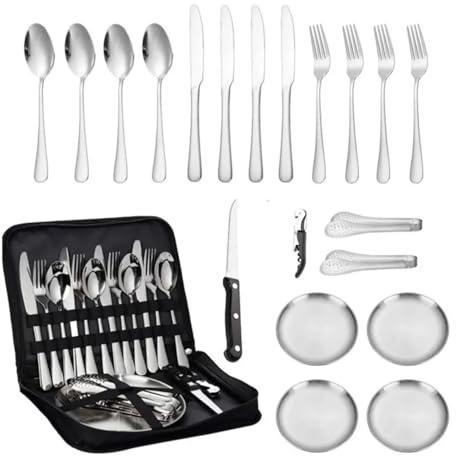 Set de couverts de camping pour 2 personnes - 11 pièces - En acier inoxydable - Avec fourchettes, couteaux, cuillères, assiettes, clips, décapsuleurs et sac à couverts - Pour l'extérieur, les