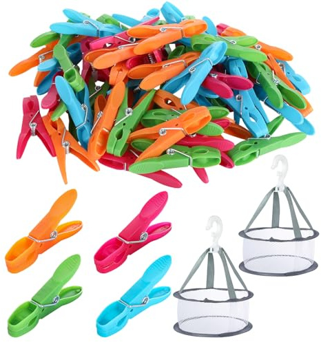60 stycken tvättklämmor stor med 2 torkkorgar, 4 färger av plasttvättklämmor, färgglada fjädertvättklämmor för kläder och pappershanddukar