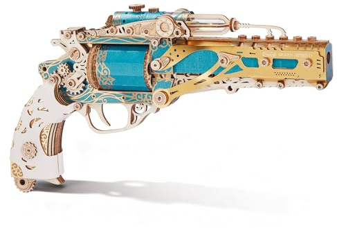 FUNPOLA 3D Holzpuzzle Steampunk Revolver Modell – Mechanischer Revolver DIY Bausatz, einzigartiges kreatives Geschenk für Erwachsene und Jugendliche (Blau)