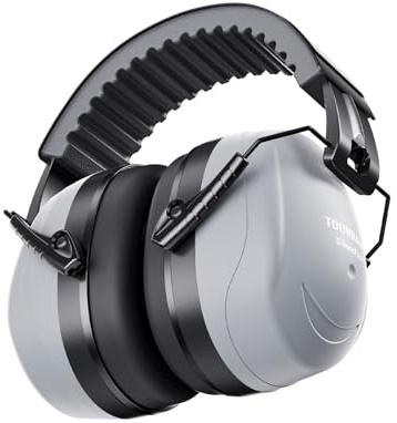 TOURRAMIT SilentPro™ Ear Defenders Adults, SNR 33dB Safety Ear Muffs | Adjustable padded ear muffs for mowing, construction, DIY and workshop use; foldable grey design.