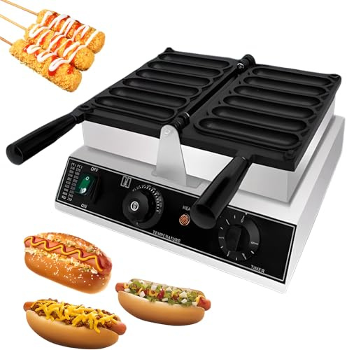 Commercial Corn Dog Waffle Maker, 2000W Hot Dog Cheese Stick Presser Maker with 50-250℃ Temp Control & 5-min Timer, Non-Stick Stainless Steel Sausage Muffin Cooker