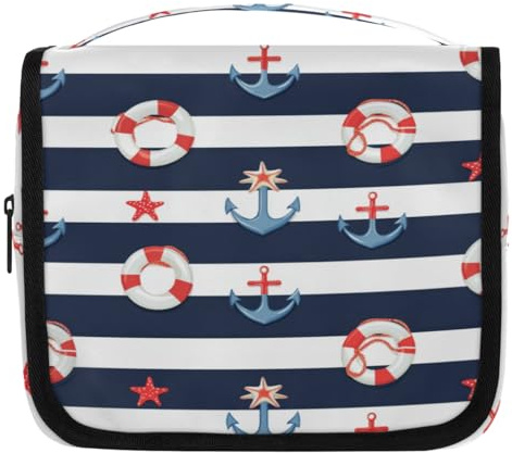 Kuquteed Anchor Lifebuoy Hanging Toiletry Bag for Women Men Starfish Striped Makeup Cosmetic Bag Water Resistant Portable Toiletries Organizer Bag for Travel Accessories Essentials