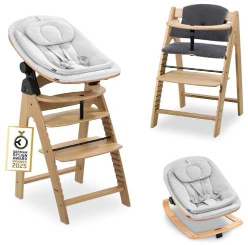 hauck Arketa Hochstuhl Newborn Set mit Eco Bouncer - Eiche | Mitwachsender Holz Kinderhochstuhl ab Geburt bis 130 kg | inkl. Baby Neugeborenenaufsatz & Sitzkissen