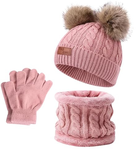 Conjunto Accesorios de Invierno 3 Piezas Niños Set, Conjunto de Bufanda Sombrero y Gorro Niño, Gorros con Pompon Lana Niño Braga Cuello Polar y Guantes de Punto Cálidos para Niñas y Niños (Rosa)