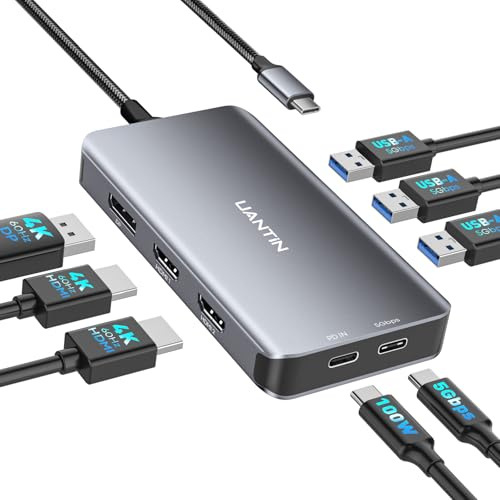 UANTIN USB C Docking Station 3 Monitor Adapter for Laptop | 8-in-1 Docking Station Dual Monitors, 4K@60Hz USB C Dongle with 2 HDMI, DP, 5Gbps USB A & C, 100W PD, for Dell, HP, Surface