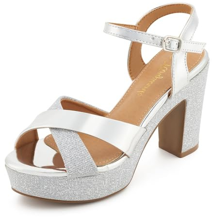 hingswink Sandali da donna con plateau scintillanti, tacco a blocco, tacco alto 9,6 cm, punta aperta con cinturino, comodi, sexy, eleganti, per balli, matrimoni, feste, serate