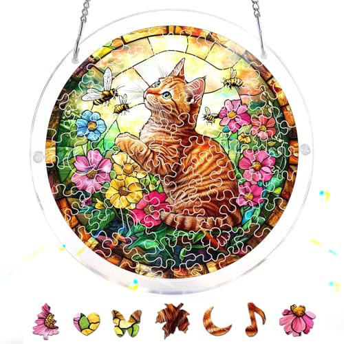 Zariocy Cat Animals Acrylic Jigsaw Puzzle Suncatcher - Stained Glass Window Hanging - Creative Home Decor - 83 Piece Puzzle & Pendant Combo - Ideal for Mom, Wife, Aunt Gift 18x18 cm-34