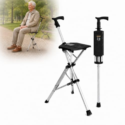 Akamiti Klappbarer Gehstock mit Sitz, Rutschfester Aluminium-Gehstock120 kg | 3 Füße, Klappbar Gehhilfe für Senioren und Erwachsene, mit Tragetasche, Ideal für Alltag, Wandern & Outdoor, Schwarz