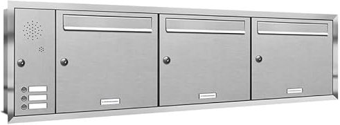 AL Briefkastensysteme, 3er Unterputzbriefkasten, Briefkasten mit Klingel, 3 Fach, Briefkastenanlage modern, rostfrei Edelstahl Postkasten