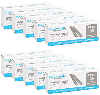 50,000 Staples - 1/4 Inch Length, 210 per Strip, Jam-Free Chisel Point, 10 Boxes of 5,000, Fits Standard Staplers