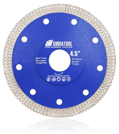 SHDIATOOL Diamond Cutting Disc 115mm / 4.5 Inch X Mesh Turbo Rim Segment Hot-Pressed Sintered Circular Saw Blade for Tile Marble Porcelain Ceramic | Ceramic, Granite, Marble & Brick | 7/8-5/8 Arbor | Fits Angle Grinders | X Turbo Rim | Dry & Wet Cutting | Reinforced Core